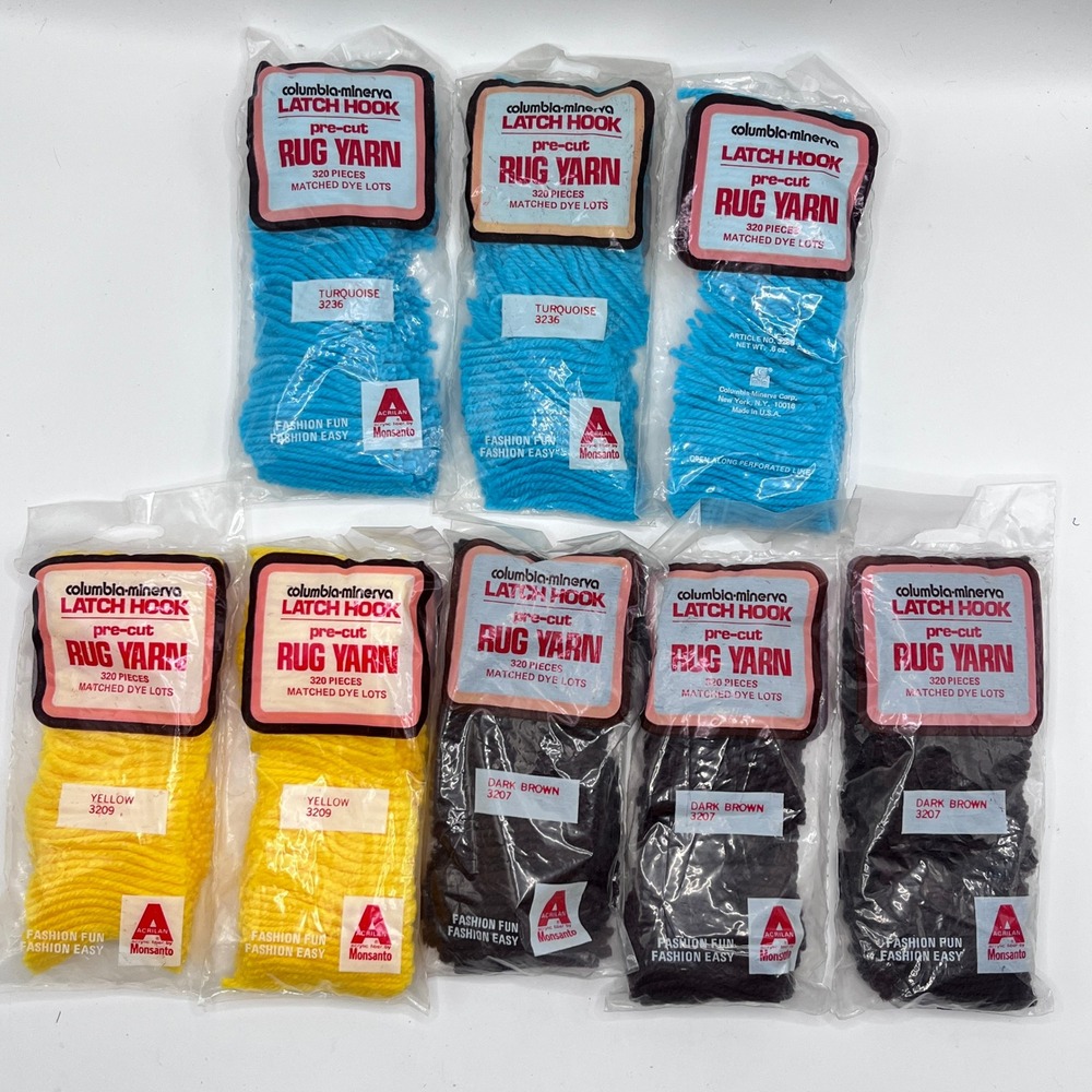 Columbia-Minerva Pre-Cut Rug Yarn Latch Hook Lot 8 Packs Brown Blue Yellow